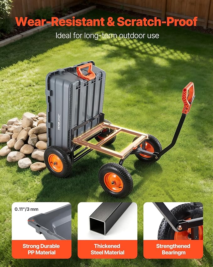 VEVOR 10 Cu.Ft 1500LBS Poly Garden Cart Dump Wagon, Heavy Duty Wheelbarrow with Convertible Handle and 16" Flat Free Tires, Outdoor Yard Wagon ATV Trailer Dump Cart Tow Behind for Lawn Mower Tractor