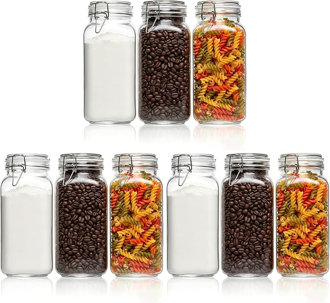 ComSaf 9-Pack 78oz Large Square Airtight Glass Jars for Bulk Food, Holds a 4lb Bag of Sugar or 5lb of Rice, Wide Mouth Canister for Flour, Coffee & Pantry Organization