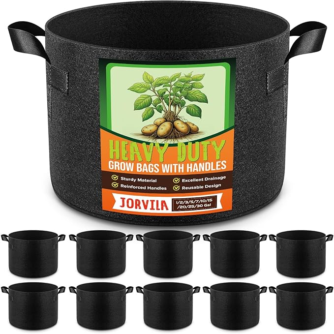 Jorvila 10 Pack 3 Gallon Grow Bags, Thickened Nonwoven Fabric Planter Pots with Handles, Heavy Duty 300G Garden Pots for Tomato, Potato and Vegetable