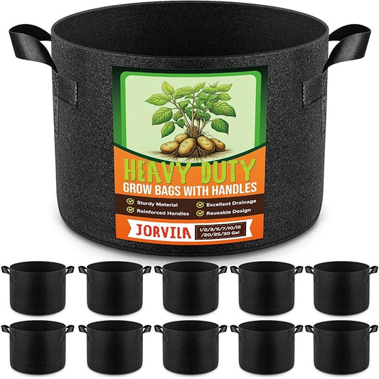 Jorvila 10 Pack 3 Gallon Grow Bags, Thickened Nonwoven Fabric Planter Pots with Handles, Heavy Duty 300G Garden Pots for Tomato, Potato and Vegetable