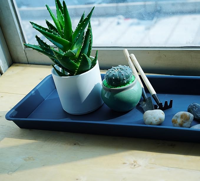 VUWEZ 2 Pack Plastic Plant Saucer, Rectangular 24 inch, Indoors Outdoor Plant Water Drip Tray for Flower Pot Planter, Windowsill Tray (8 X 24'', Blue)
