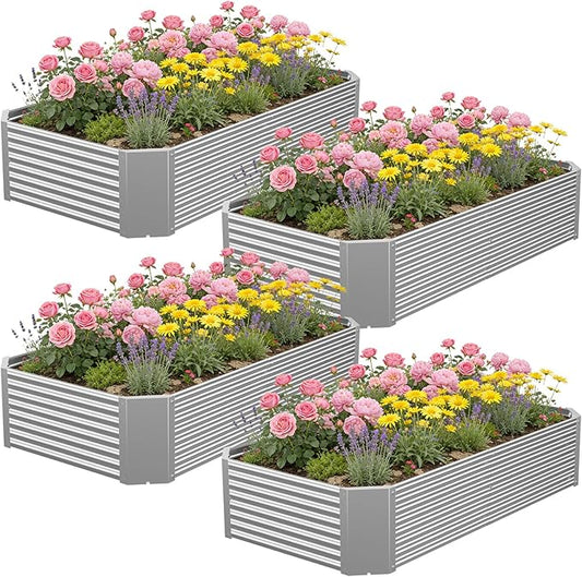 4 Pcs 4 x 2 FT Galvanized Steel Raised Garden Bed – Outdoor Planter Box for Root Vegetables, Herbs & Flowers, Large Metal Garden Beds for Backyards, Terraces and Balconies