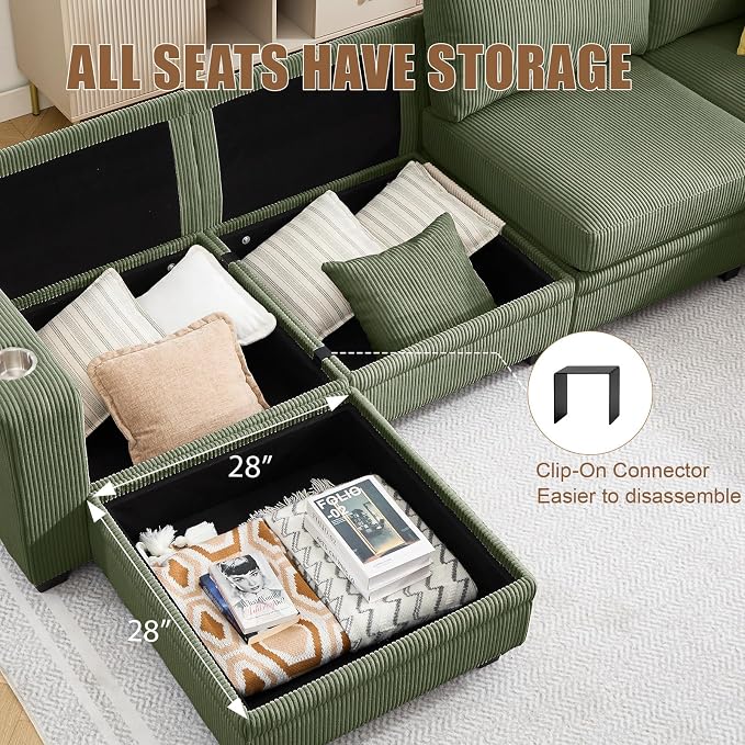 127" Modular Sectional Couch with Storage, Corduroy 7-Seater V Shaped Sofa with Ottoman Chaise, Removable Sofa Cover, Cloud Modular Sofas for Living Room, Apartment