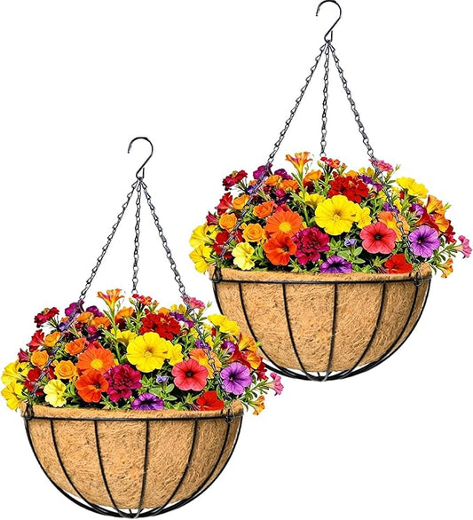 2 Pack 12" Round Metal Hanging Basket for Outdoor Plants Durable Large Hanging Planter with Coco Coir Round Plant Holders Planter for Outside Garden Decoration(Watermelon)