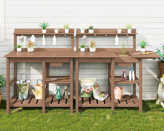 SERWALL Outdoor Potting Bench 2-Piece Set, Rot-Resistant HDPE Potting Table with Removable Sink for Outside Gardening, All-Weather Use - Brown