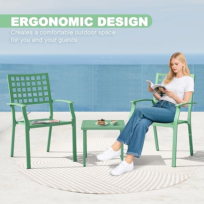 NUU GARDEN 3 Piece Outdoor Bistro Set, All-Weather Patio Furniture with 2 Metal Stackable Chairs and Square Table, for Balcony, Porch, Garden, Deck, Green