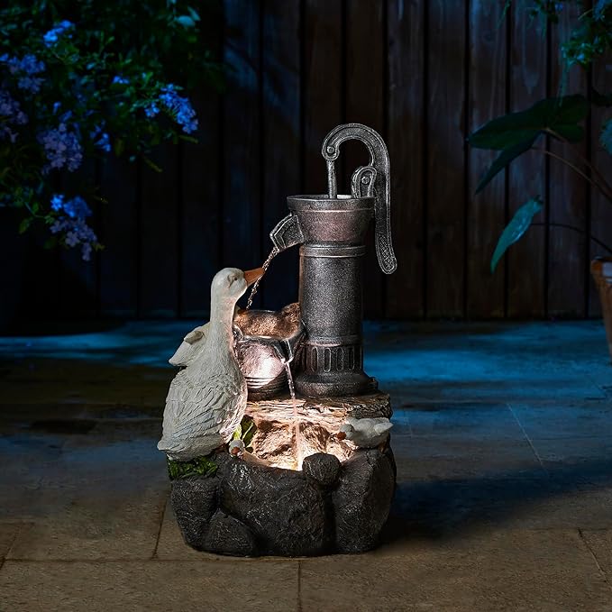 Glitzhome 23.5" Outdoor Duck Fountain with LED Light & Pump, Freestanding 2 Tier Weather-Resistant Patio Fountains Waterfall, Farmhouse Duck Family Sculpture Water Fountain for Backyard Lawn Decor