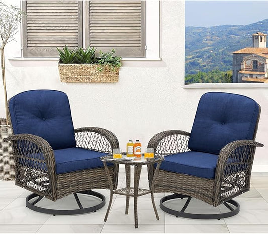MELLCOM 3 Pieces Patio Furniture Set, Outdoor Swivel Rocker Patio Chairs, Wicker Patio Bistro Set with Rocking Chair, Thickened Cushions and Glass Coffee Table for Backyard, Garden, Navy Blue