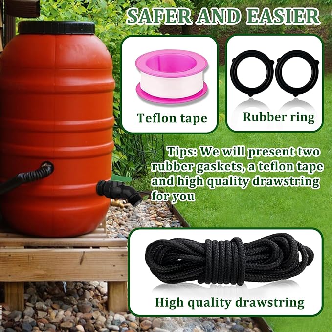 Plastic Rain Barrel Spigot Kit - High Flow Water Barrel Faucet with Bulkhead Fitting, 1/2" NPT to 3/4" GHT Leak-Proof Rain Barrel Spigot with Seal Tape & Gasket for Water Tank, Garden Barrel