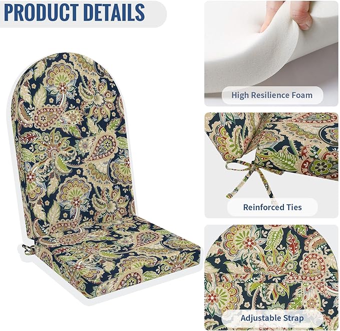 Outdoor Foam Adirondack Cushion, Water Repellent Foam Cushion for Adirondack Chairs Patio Furniture, 44 x 19 Inch, Paisley Sapphire Blue