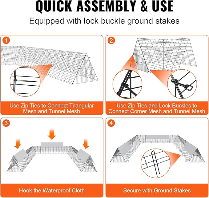 VEVOR Chicken Tunnels for Yard, DIY Metal Poultry Playpen for Outside with Waterproof Cover & Corner Frames, 2 Sets, 236.2 x 157.5 x 24.2 inch(LxWxH), Also Widely Used for Ducks, Rabbits, Geese Coop