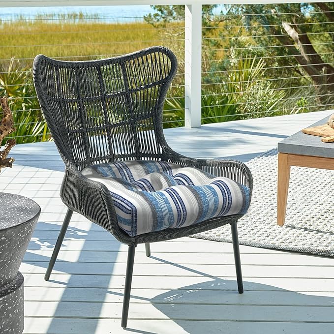 DYTXIII Set of 2 Outdoor Chair Cushions 19"x19"x4", Water Repellent Tufted Patio Seat Cushions with Ties, Thick Replacement Pads for Wicker Dining Chairs, Patio Furniture, Stripe Layered Blue