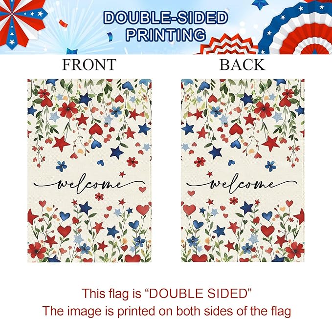 Baccessor Patriotic 4th of July House Flag 28x40 Inch Double Sided Burlap,Memorial Day Welcome American Red and Blue Flower Large Flag Summer Holiday Porch Patio Seasonal Outdoor Outside Decoration