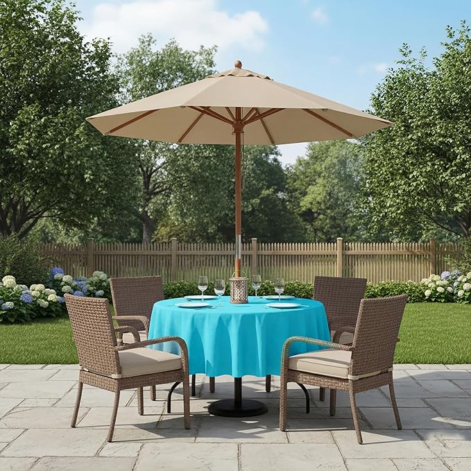 Outdoor Tablecloth Wrinkle-Free Stain Resistant Waterproof Polyester Fabric Table Cover with Zipper Umbrella Hole for Picnic/Party/Dinner/Patio Garden(60inch Round,Zippered,Aqua)
