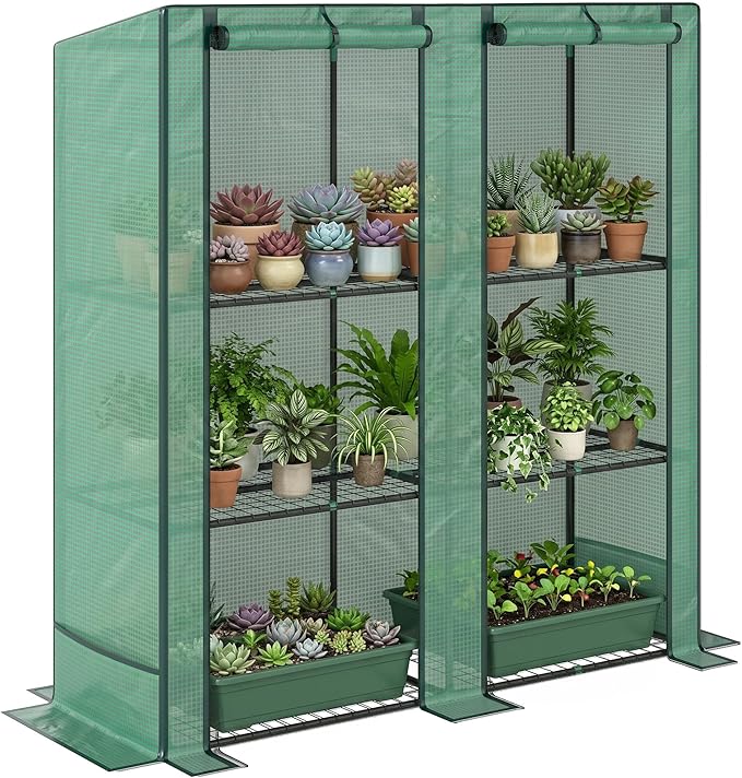 Outsunny Lean-to Greenhouse with 3 Tier Shelves, 56.7" x 18.9" x 59.8" Portable Small Greenhouse with PE Cover, 2 Roll-Up Zippered Doors, for Indoor Outdoor Garden Backyard Balcony, Green