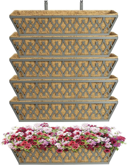 6 Pack 24 Inch Window Boxes Planters Railing Planter Box with Adjustable Brackets for Porch Fence Patio Balcony Hanging Flower Baskets with Coco Liners for Outdoor Garden Decor - Dark Grey