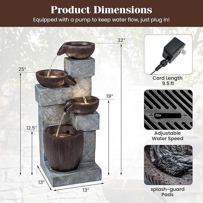 Giantex 32'' Water Fountain Outdoor, 4-Tier Cascading Bowls Waterfall Fountain with Warm LED Lights & Pump, Outside Zen Water Feature for Patio, Balcony, Deck, Garden, Yard Decor