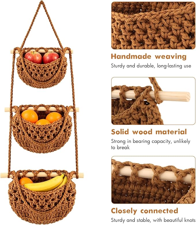 3 Tier Hanging Fruit Basket, Wall Hanging Vegetable Produce Storage Basket Cotton Woven Organizer, BOHO Wall Hanging Basket for Kitchen, Bathroom, Multi Tier Wall Produce Holder