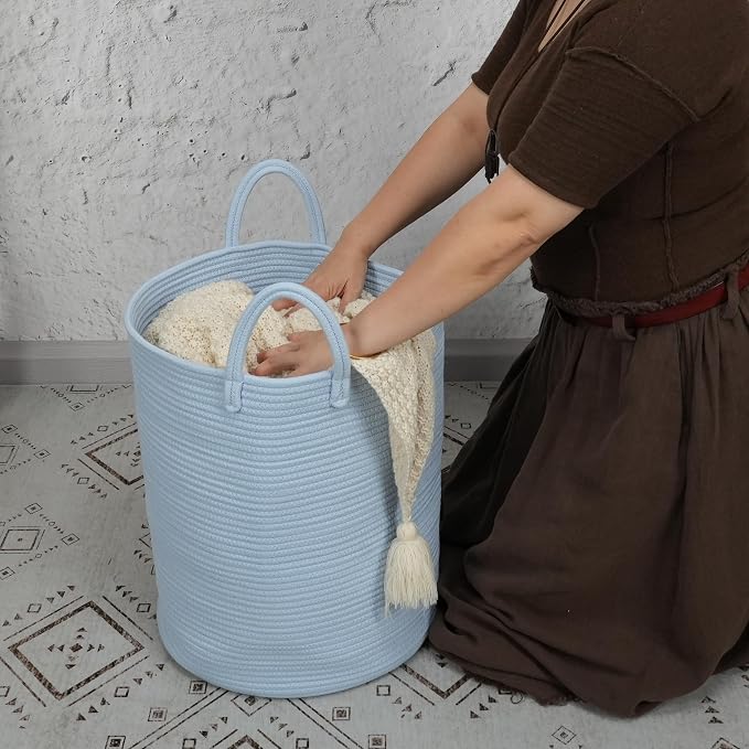 XUANGUO Cotton Rope Laundry Basket Hamper for Clothes, light blue