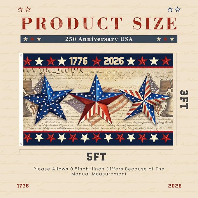 250 Anniversary USA Flag 3x5 Ft,4th of July 250th Year American Yard Banner,God Bless United States Large Decorations Double-Sided with Star,1776-2026 America Patriotic Garden Merchandise Outside