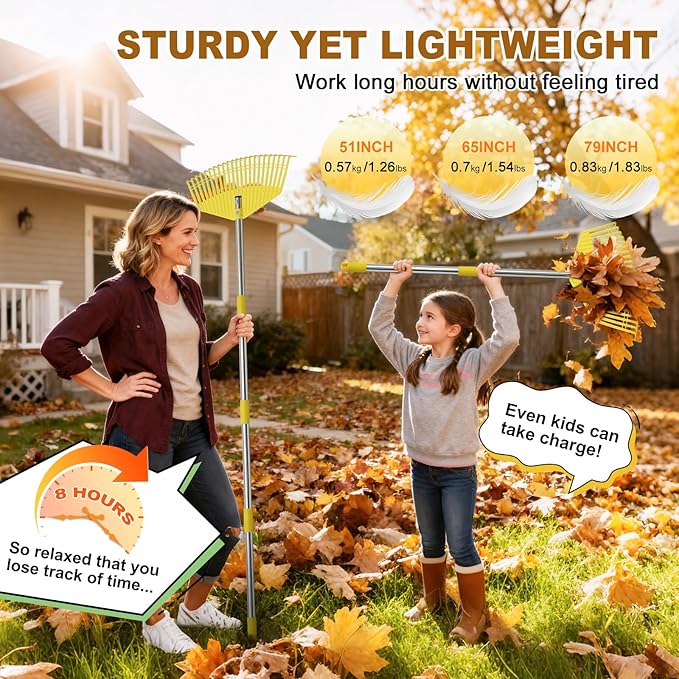 Garden Rake for Leaves - Extra Wide 16.5" Leaf Rake,Lightweight Long Handle for Women Seniors Kids Effortless Clean-Up,23 Non-Clog Flexible Tines for Lawn-Friendly,80” Adjustable Yard Plastic Rakes