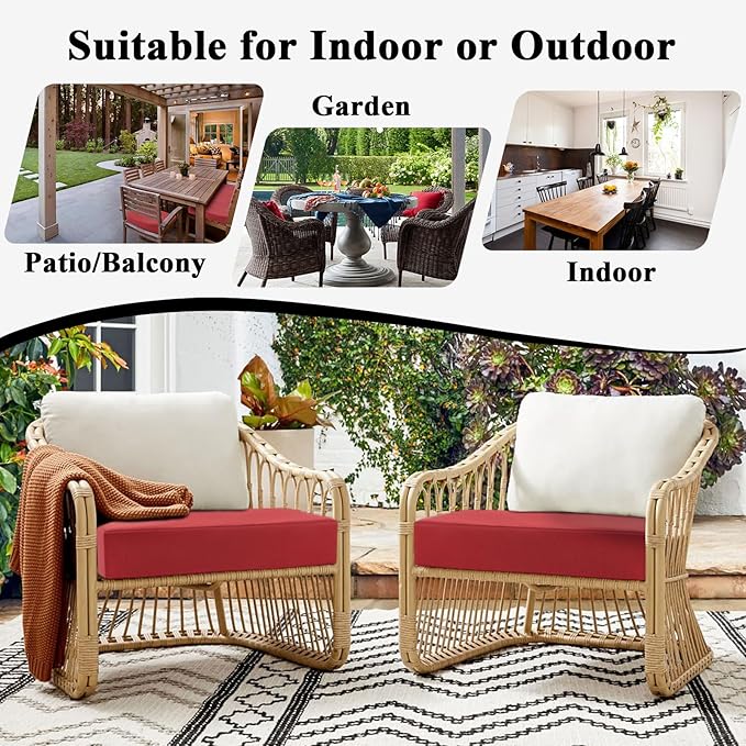 Topotdor Outdoor Chair Cushions for Patio Furniture,Waterproof Patio Chair Cushions Set of 2,Indoor/Outdoor Round Corner Chair Seat Cushion with Ties,20"x20"x3" Red