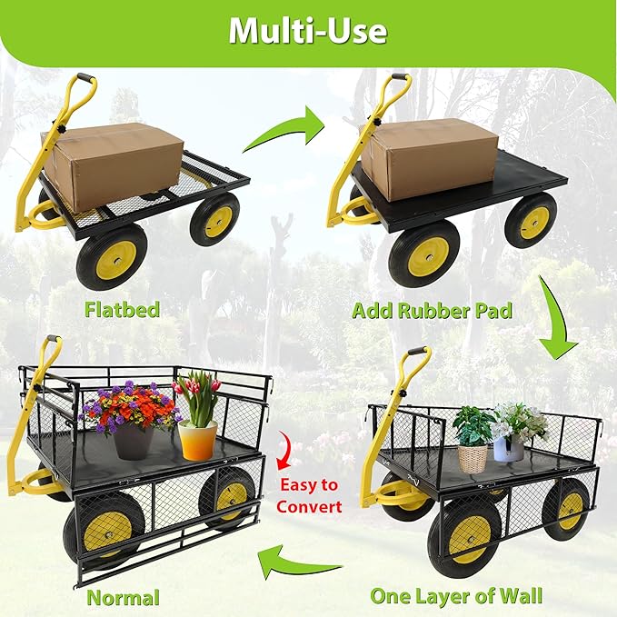 Wheelbarrow Cart, Utility Garden Wagon Dump Cart, 1400 lbs Capacity, 2-in-1 Handle and 16 in Tires Heavy Duty Yard Dump Wagon with Steel Frame for Farm, Garden,Black