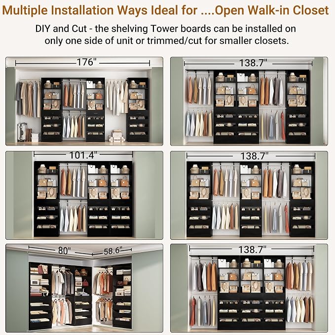 Aheaplus Closet System, 138.5" Closet Organizer with 12 Drawers & 4 Rods