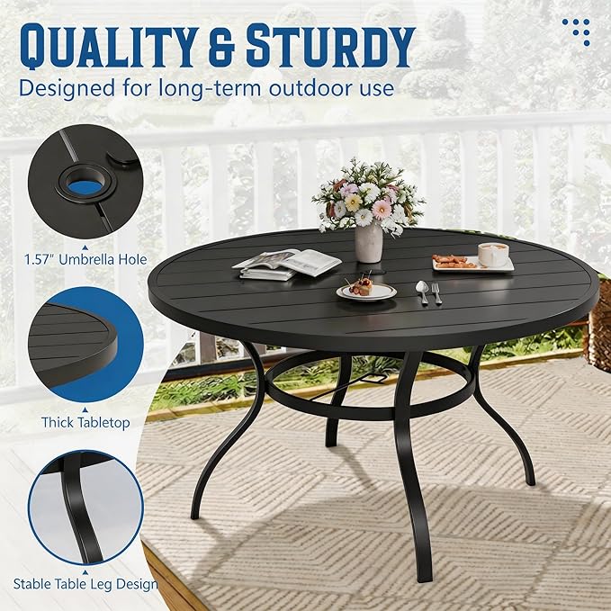 Patio Dining Table, 53" x 53" Outdoor Round Metal Table with1.57 Umbrella Hole, for Backyards, Porches, Gardens or Poolside, Black