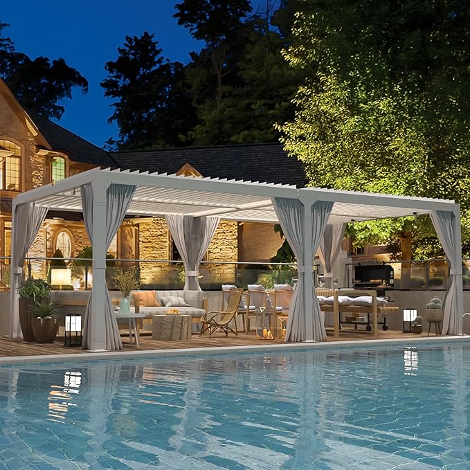 EROMMY Louvered Pergola 12x20, Outdoor Aluminum Pergola with Adjustable Rainproof Roof for Garden, Patio, Deck, Waterproof Curtains and Netting Included, White