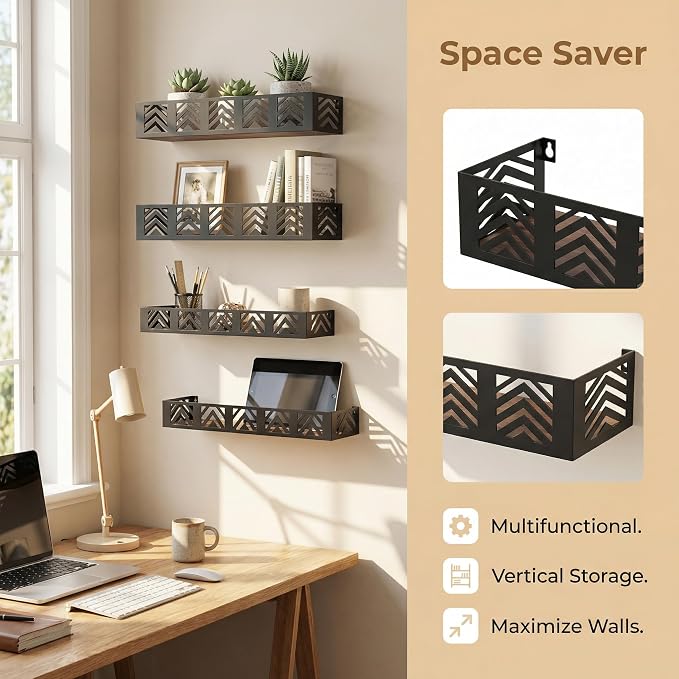 Floating Shelves Set of 4, Home Metal Wood Shelf, Black