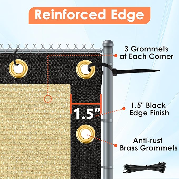 iCover 6x49ft Privacy Screen Fence, Outdoor Fencing Panels, Garden Windscreen Mesh Shade Sail Net Barrier, Include Reinforced Bindings and Brass Grommets Cable Zip Ties, Sand