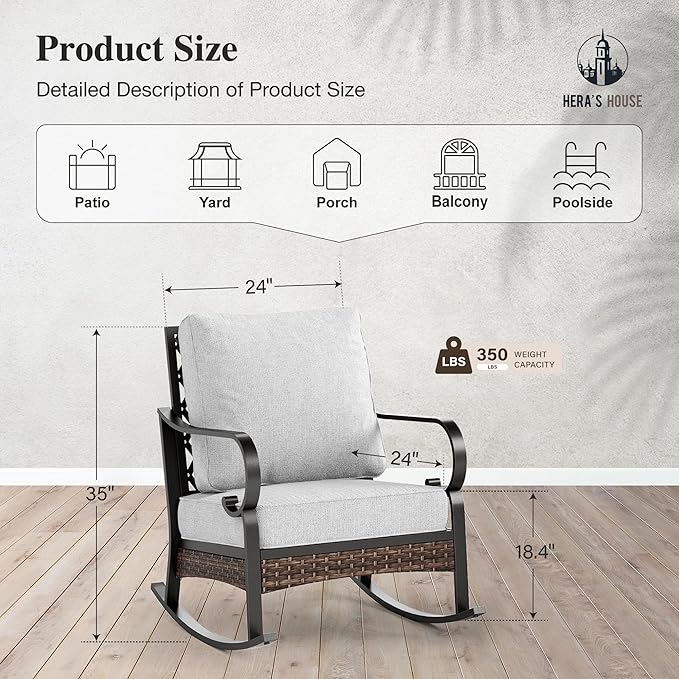 HERA'S HOUSE Patio Rocking Chairs Set of 2 with Thick Cushions, High Back Metal Outdoor Rockers, All Weather Garden Furniture for Backyard, Deck, Lawn, Light Grey