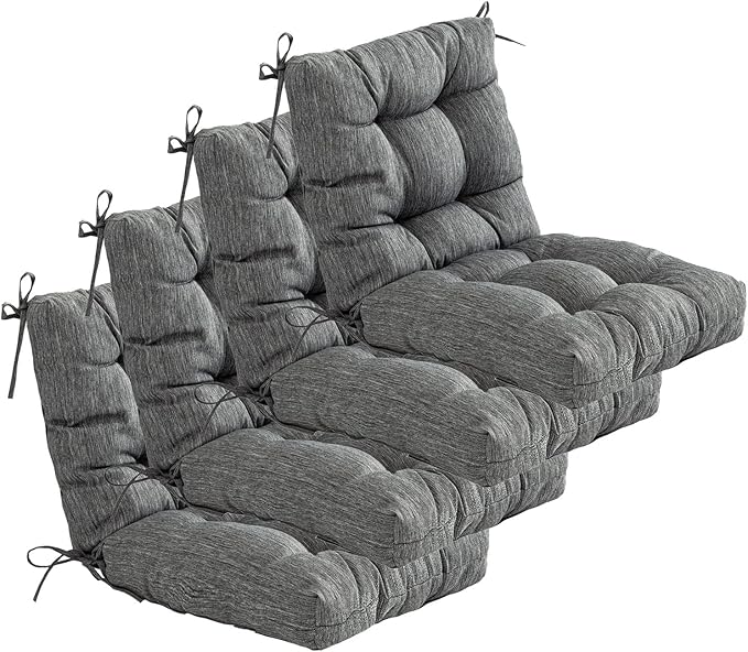 QILLOWAY Outdoor Chair Cushion for Patio Furniture, Waterproof Patio Cushions Set of 4 with Ties, Fade Resistant Replacement Pads for Outdoor Rocking Chairs,Charcoal Grey,Black