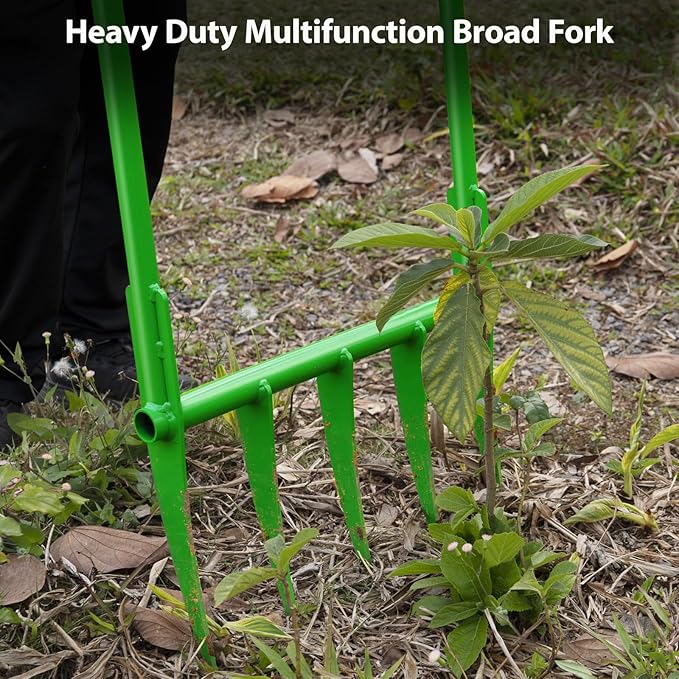 56'' Heavy Duty Broadfork for All the Soils, Unbreakable Pitchfork, 5 Sharp Cambered 11'' Tines Bord Fork Garden Tool, Ergonomic Handles, Good Package, Easy Assembly, Cultivator & Tiller，Green.