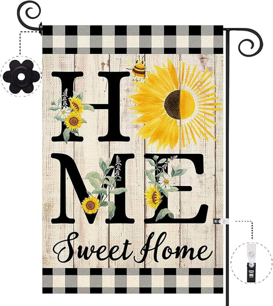 ORTIGIA Summer Sunflower Garden Flag Double Sided 12.5x18 Inch, Home Sweet Home Spring Floral Flower Buffalo Plaid Check Small Yard Flag Burlap Vertical Outside Outdoor Lawn Patio Decor