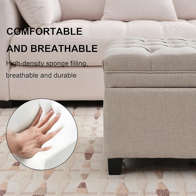 51" Storage Ottoman for Bedroom & Living Room, End of Bed Bench with Black Wooden Legs, Linen Upholstered Tufted Ottoman, Entryway Storage Bench, Beige