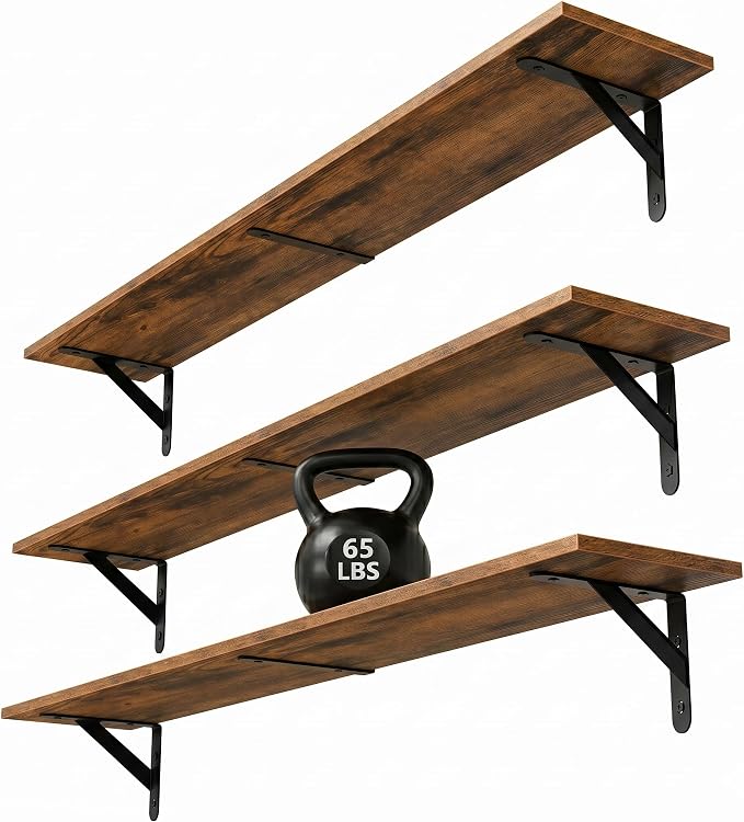 WOPITUES Long Wall Shelves 40″W x 8″D, Floating Book Shelves Max Load 65lbs | Wall Mounted Wood Shelf Storage, Metal Brackets, Bedroom/Living Room/Laundry Room/Kitchen/Pantry Decor, Brown, Set of 3