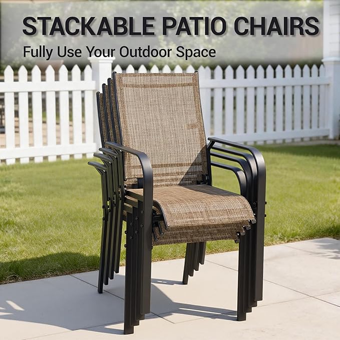 Patio Chairs Set of 4, Outdoor Dining Chairs Set of 4, High Back Wide Seat Patio Furniture Chairs with All Weather Breathable Textilene, for Lawn Garden Backyard,with Armrests,Brown(4 PCS)