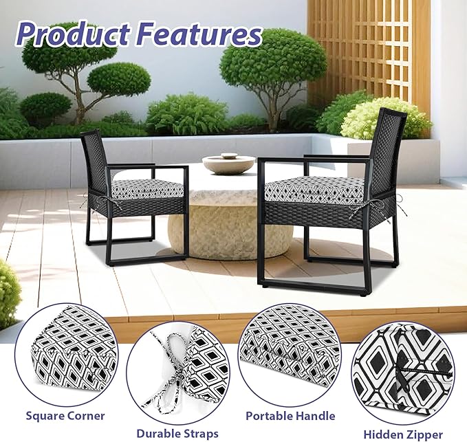 IPYNBAP Outdoor Chair Cushions Set of 4,Waterproof Outdoor Seat Cushions for Patio Furniture,Patio Chair Cushion with Handle and Ties, Out Door Chair Pads,17" x 16" x 2", Black Geometry