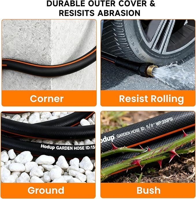 Heavy Duty Garden Hose 100 FT x 5/8"- Non-Expandable Hybrid Rubber Water Hose, Flexible & Leakproof All-Weather Yard Hose with Solid Fittings, Black/Orange
