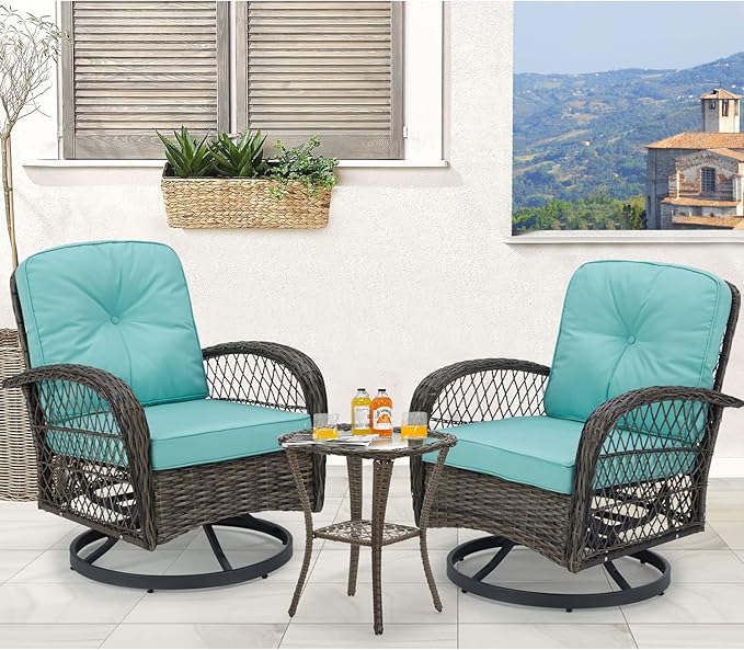 MELLCOM 3 Pieces Patio Furniture Set, Outdoor Swivel Rocker Patio Chairs, Wicker Patio Bistro Set with Rocking Chair, Thickened Cushions and Glass Coffee Table for Backyard, Garden, Blue