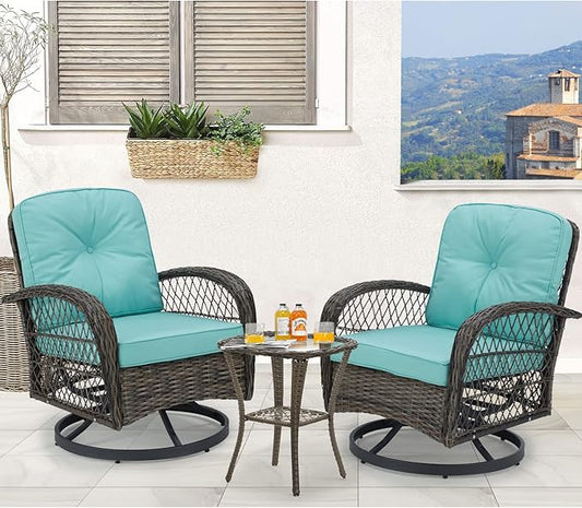 MELLCOM 3 Pieces Patio Furniture Set, Outdoor Swivel Rocker Patio Chairs, Wicker Patio Bistro Set with Rocking Chair, Thickened Cushions and Glass Coffee Table for Backyard, Garden, Blue