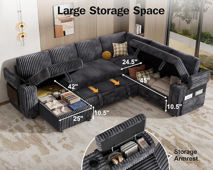 Vipbear 111" Modular Sectional Sleeper Sofa with Pull Out Bed, 7 Seat Plush Corduroy L Shaped Couch with Storage Chaise|USB Ports|Cup Holders|Side Table|Storage Armrests, Tool Free Assembly, Grey