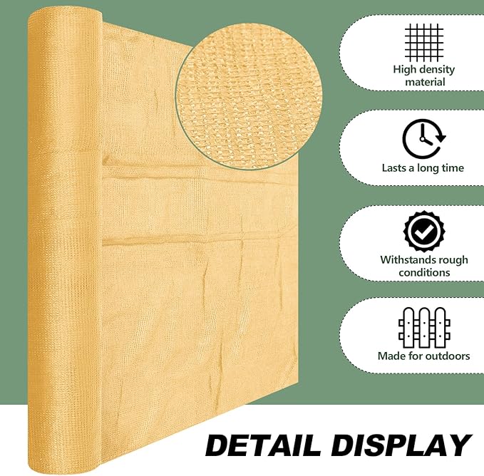 6.5X 50 ft Shade Cloth Roll for Covering Garden 95% Mesh UV Resistant Net with Ties for Patio Outdoor Greenhouse Fence Flower Plant Cover Canopy, Beige