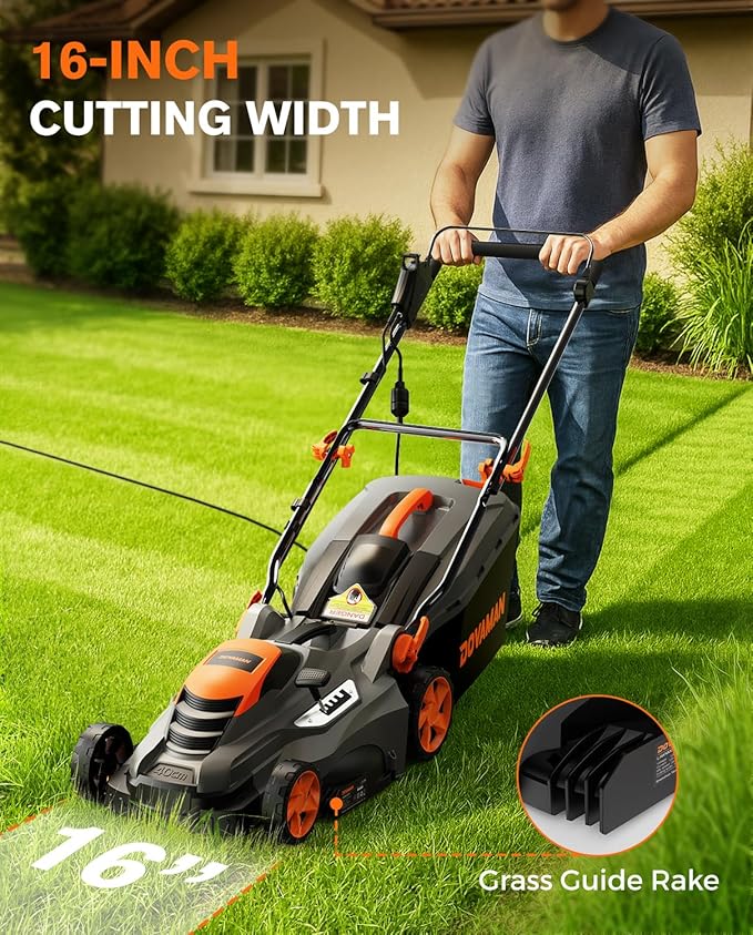 DOVAMAN 13Amp LA16M Lawn Mower, 16" Blade, 5-Position Height Adjustment, 3-Step Quick Vertical Fold Storage, 2-in-1 Mulching & Bagging, 98% Collection, Corded Lawn Mower for Your Garden