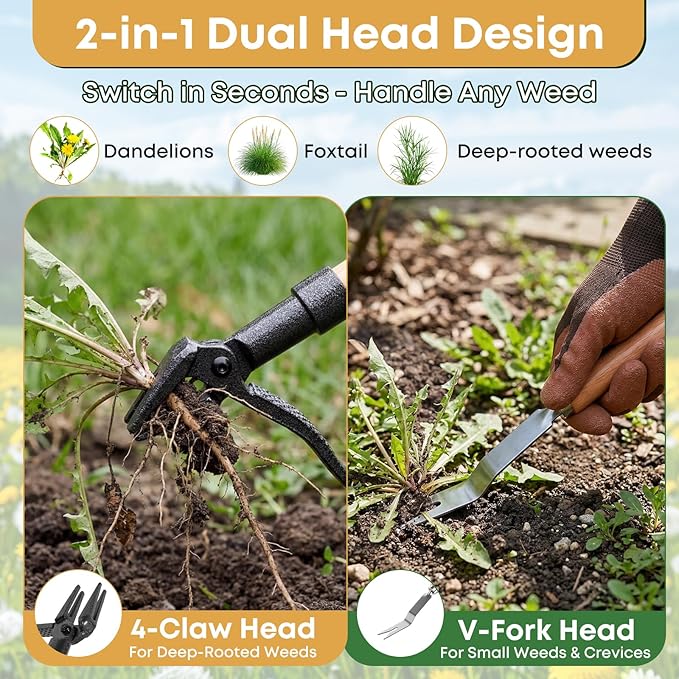 Donepart Stand Up Weed Puller Tool, Long Handle Weeder & Hand Weeder Fork Set - 46" No-Bend Deep Root Remover for Lawn, Garden & Yard, Seniors & Bad Back Friendly, Fits 5'2"-6'2", Bamboo Handle