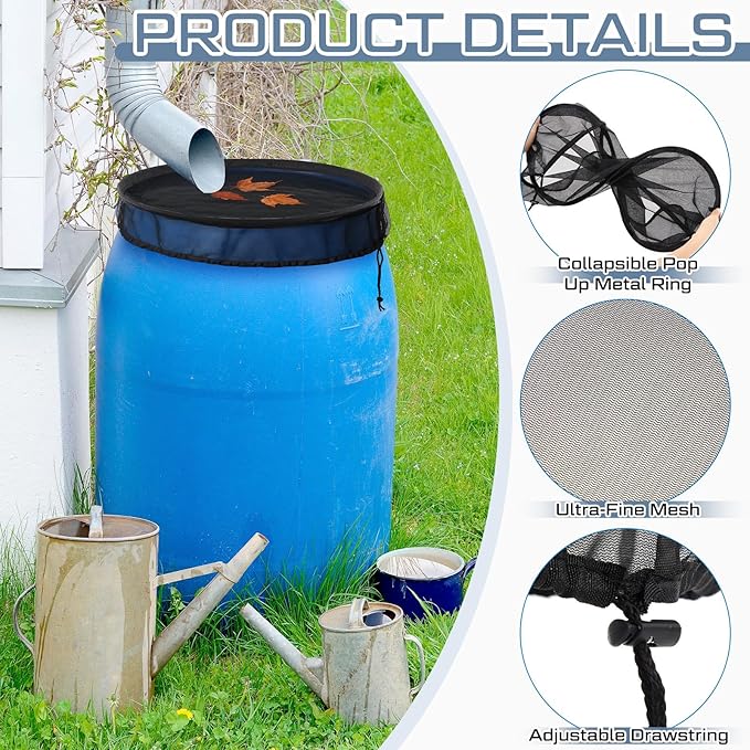 SATINIOR 4 Pcs Mesh Cover for Rain Barrels 24.8 Inches Pop up Rain Barrel Net Cover with Drawstring Water Collection Buckets Screen Barrel Screen for Preventing Fallen Leaves in Outdoor Garden Eaves