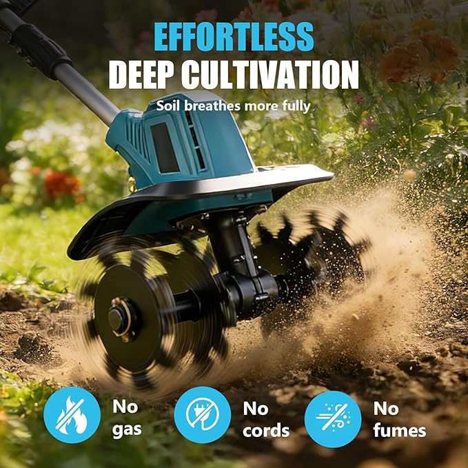 21V Electric Cordless Tiller Cultivator, 360RPM Garden Tiller with 2 x 4.0Ah Batteries Charger, 12In Tilling Width & 8In Depth Garden Rototiller for Lawn, Gardening, Soil Cultivation (Blue-1)