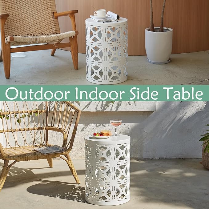 Y&M Set of 3 Stacking Coffee Table for Living Room, Patio Side Table,Indoor End Tables for Bedroom, Outdoor Decorative Garden Stool with Heavy Duty Metal Frame Modern Industrial Decor - White